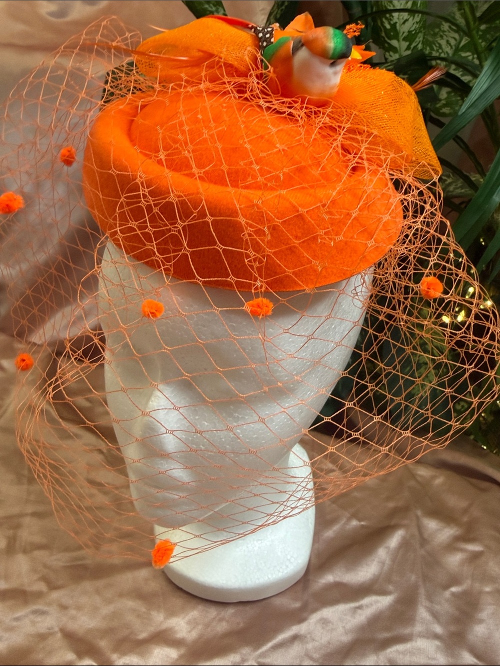 🧡 Handmade Orange Bird Fascinator | Kentucky Derby Hat | Statement Headpiece